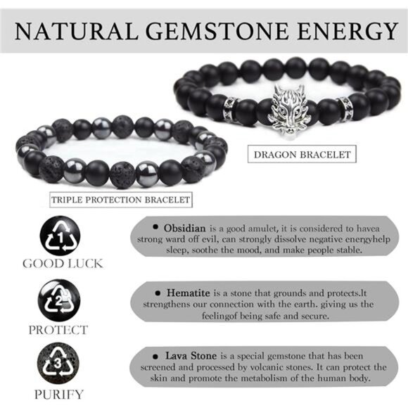 Mens Black Obsidian Bracelet Lava Stone Hematite Onyx Beaded Triple Protection - Picture 3 of 7
